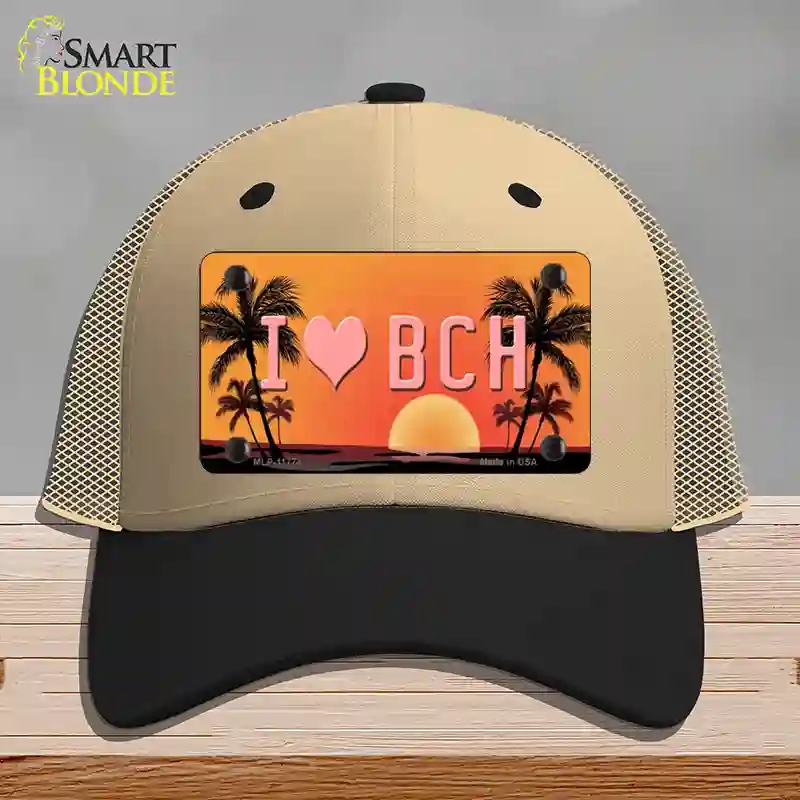HAT02-MLP-11774 I Love Beach Novelty License Plate Hat, Mesh - Khaki & Black
