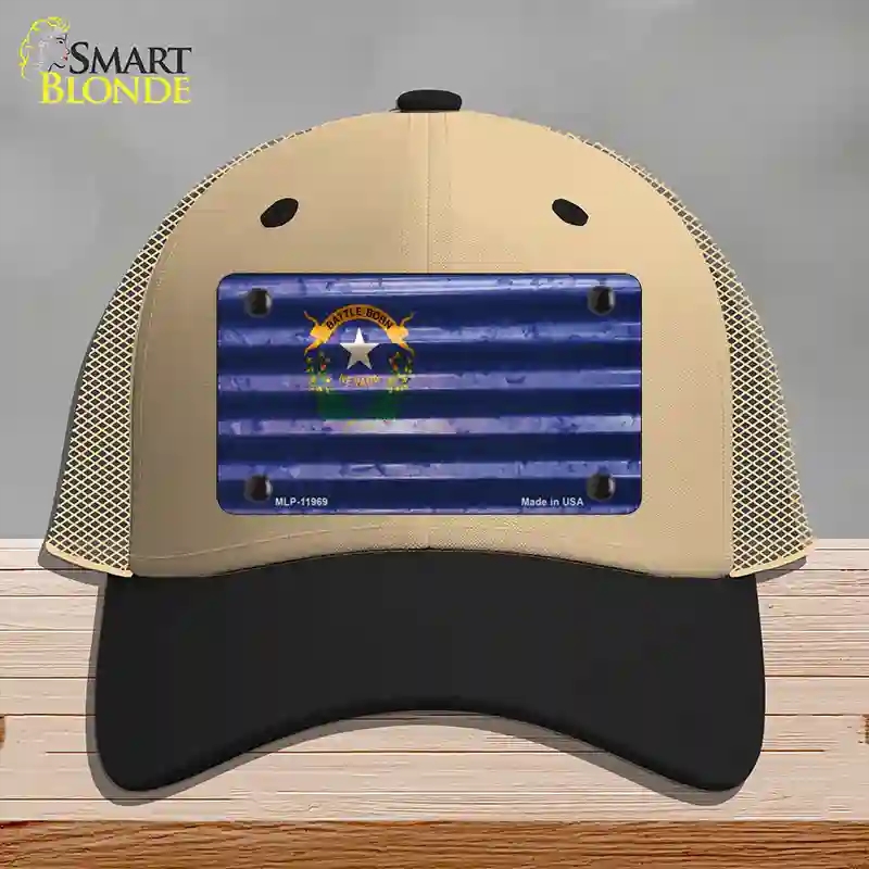 HAT02-MLP-11969 Nevada Corrugated Flag Novelty License Plate Hat, Mesh - Khaki & Black