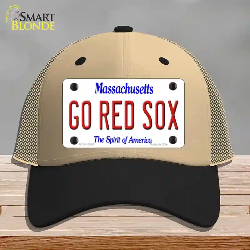 HAT02-MLP-12185 Go Red Sox Massachusetts Novelty License Plate Hat, Mesh - Khaki & Black