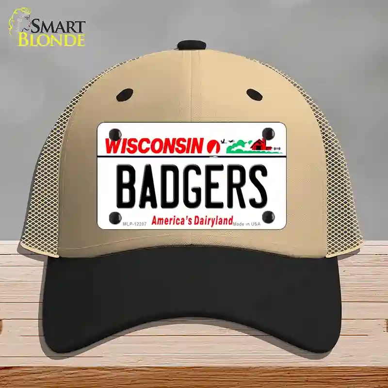 HAT02-MLP-12207 decalrs Wisconsin Novelty License Plate Hat, Mesh - Khaki & Black