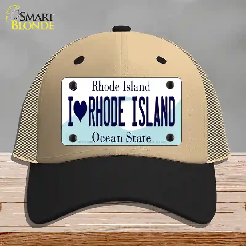 HAT02-MLP-11180 I Love Rhode Island State Novelty License Plate Hat, Mesh - Khaki & Black