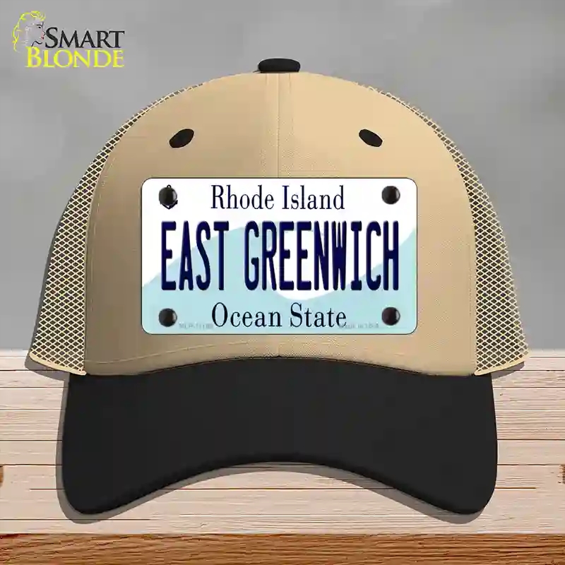 HAT02-MLP-11190 East Greenwich Rhode Island State Novelty License Plate Hat, Mesh - Khaki & Black