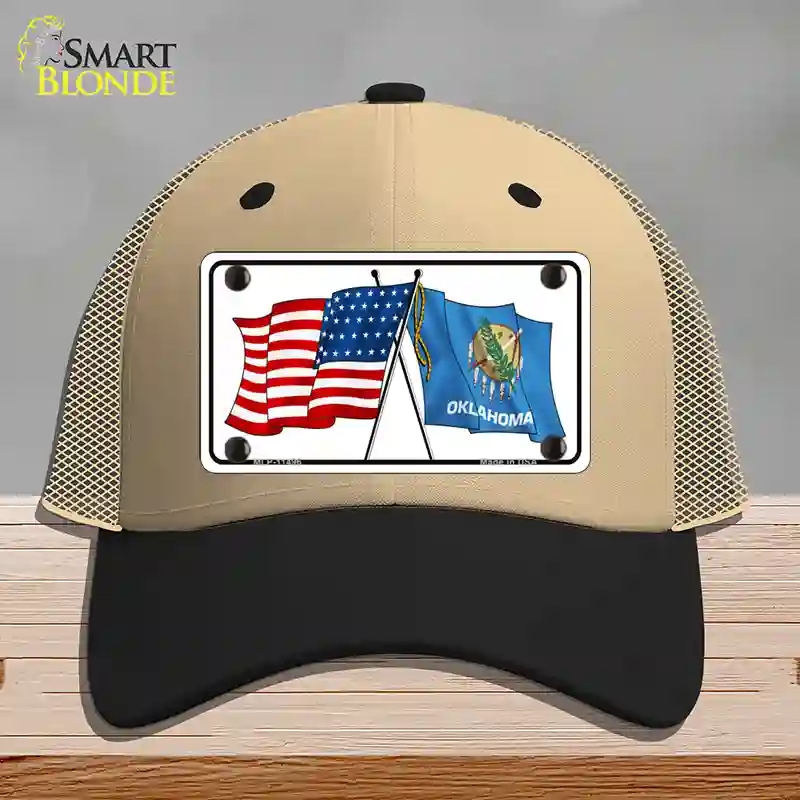 HAT02-MLP-11496 Oklahoma Crossed US Flag Novelty License Plate Hat, Mesh - Khaki & Black