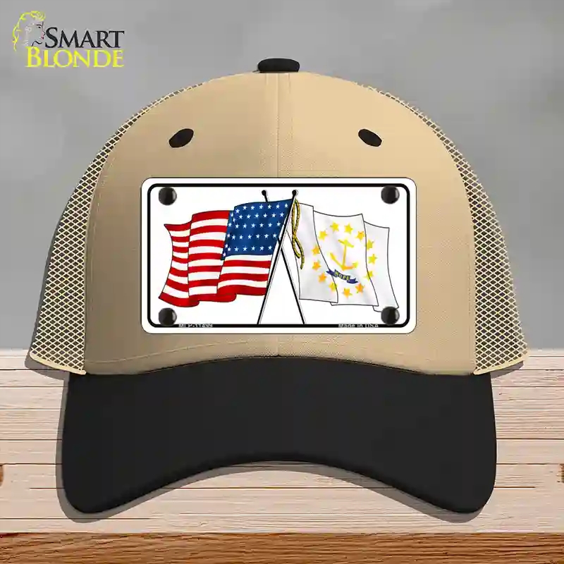 HAT02-MLP-11499 Rhode Island Crossed US Flag Novelty License Plate Hat, Mesh - Khaki & Black