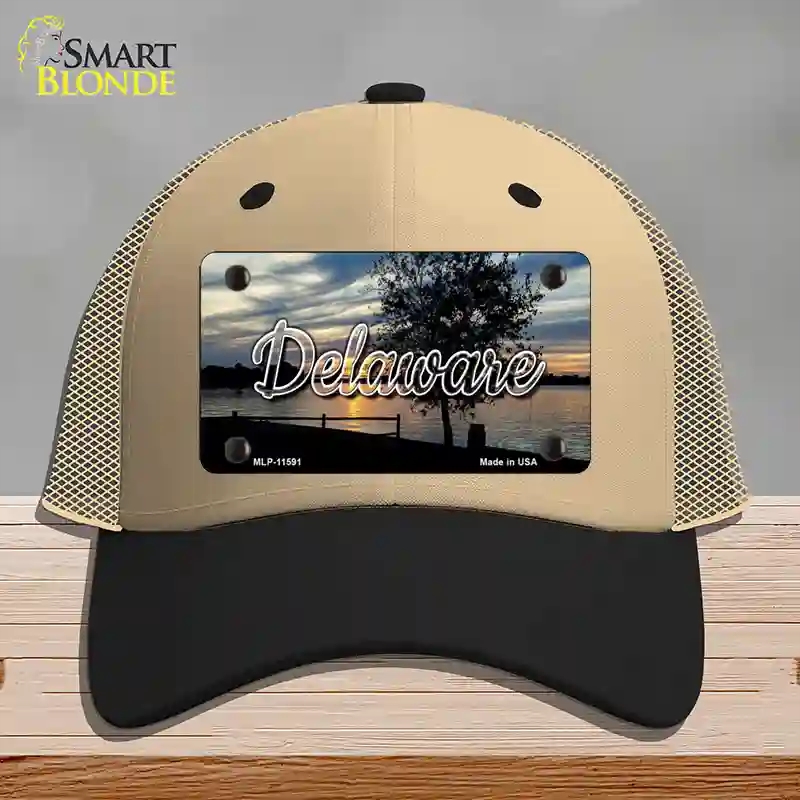 HAT02-MLP-11591 Delaware River Sunset State Novelty License Plate Hat, Mesh - Khaki & Black