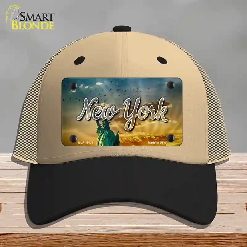 HAT02-MLP-11620   York Lady Liberty Skyline State Novelty License Plate Hat, Mesh - Khaki & Black