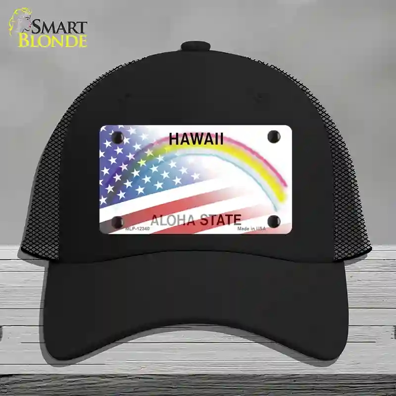HAT01-MLP-12340 Hawaii with American Flag Novelty License Plate Hat, Mesh - Black