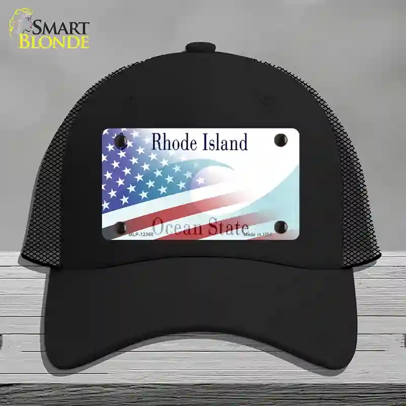 HAT01-MLP-12368 Rhode Island with American Flag Novelty License Plate Hat, Mesh - Black