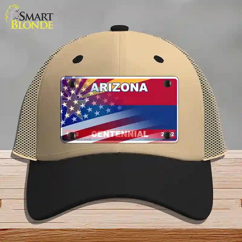 HAT02-MLP-12436 Arizona Centennial American Flag Novelty License Plate Hat, Mesh - Khaki
