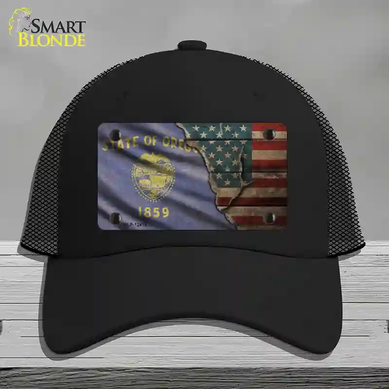 HAT01-MLP-12416 Oregon & American Flag Novelty License Plate Hat, Mesh - Black