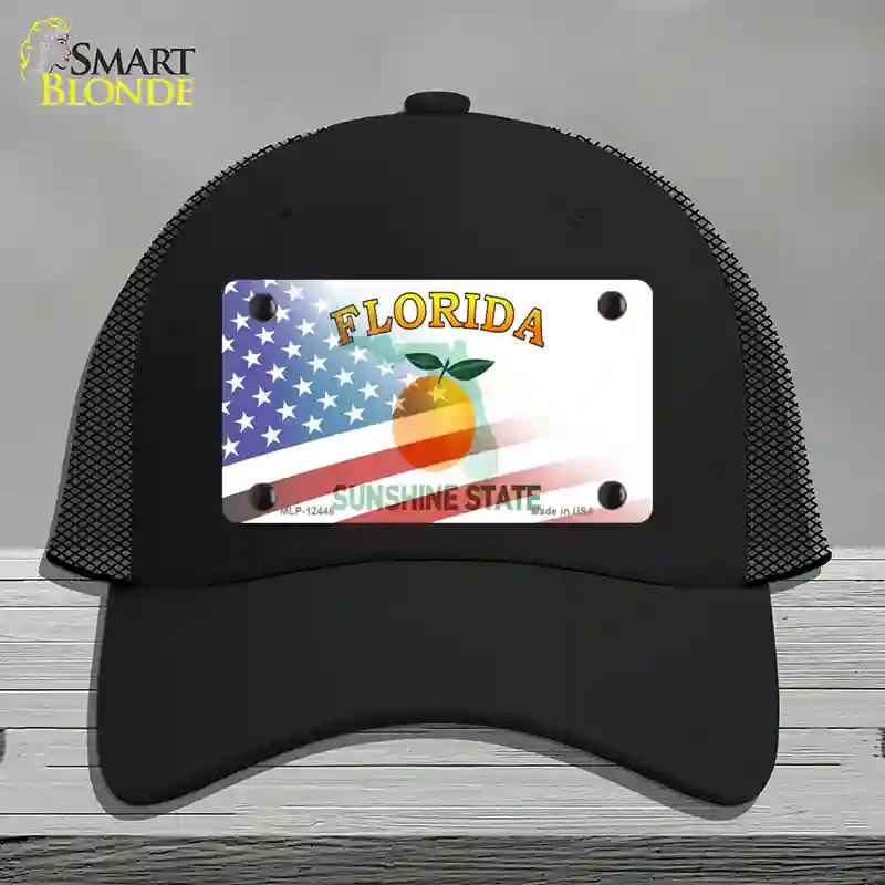 HAT01-MLP-12446 Florida Orange with American Flag Novelty License Plate Hat, Mesh - Black