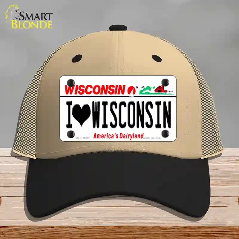 HAT02-MLP-10609 I Love Wisconsin Novelty License Plate Hat, Mesh - Khaki & Black