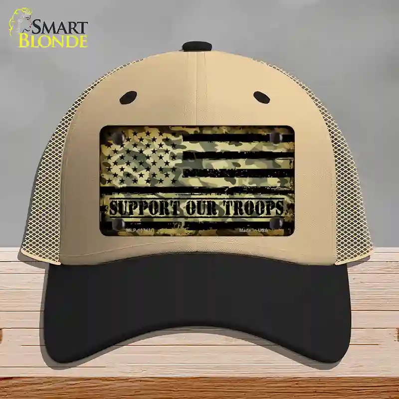 HAT02-MLP-10743 Camo American Flag Support Troops Novelty License Plate Hat, Mesh - Khaki & Black
