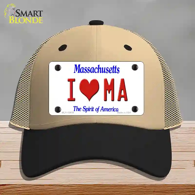 HAT02-MLP-10979 I Love Massachusetts Novelty License Plate Hat, Mesh - Khaki & Black