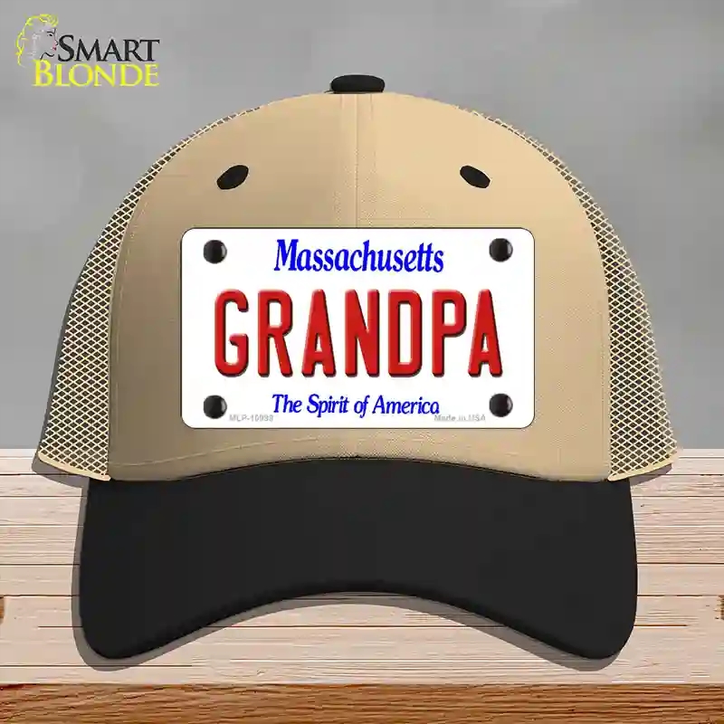 HAT02-MLP-10998 Grandpa Massachusetts Novelty License Plate Hat, Mesh - Khaki & Black