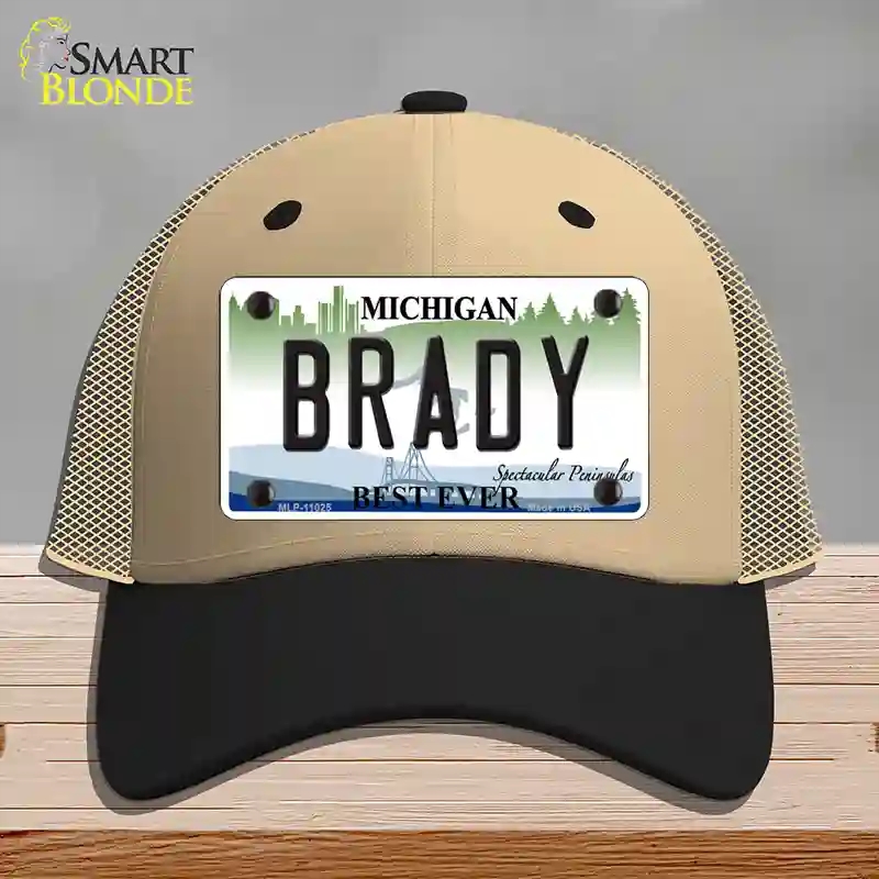 HAT02-MLP-11025 Brady Michigan Novelty License Plate Hat, Mesh - Khaki & Black