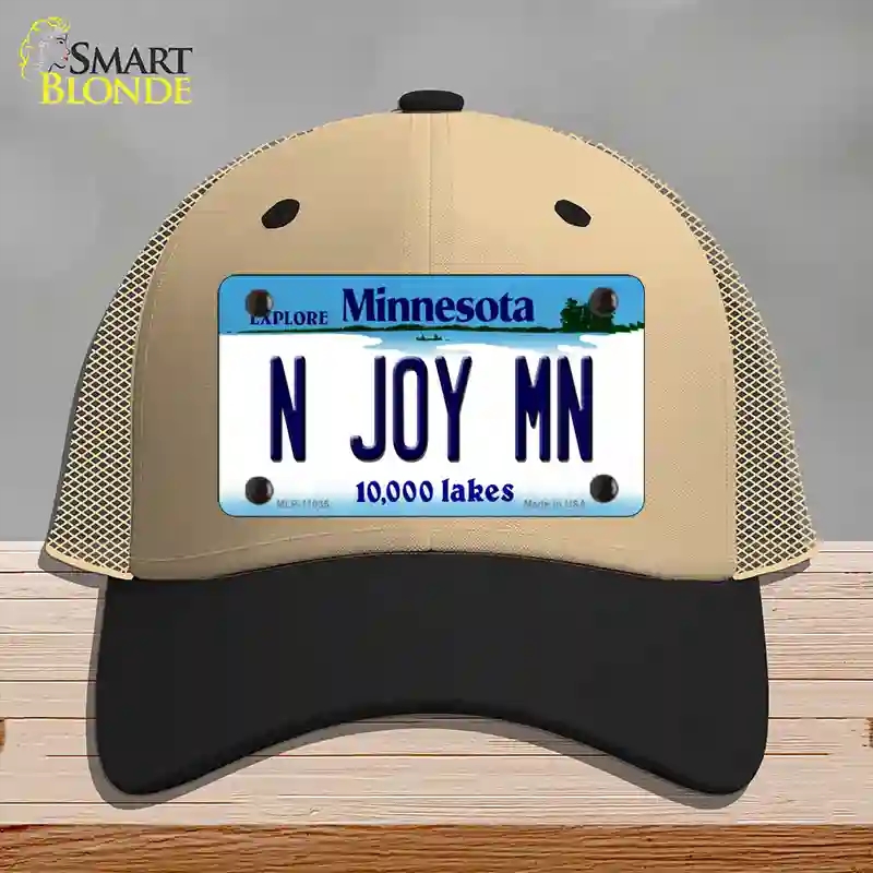 HAT02-MLP-11035 N Joy MN Minnesota Novelty License Plate Hat, Mesh - Khaki & Black