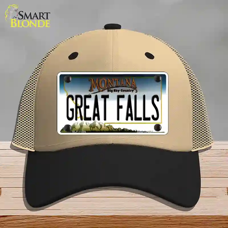 HAT02-MLP-11094 Great Falls Montana State Novelty License Plate Hat, Mesh - Khaki & Black
