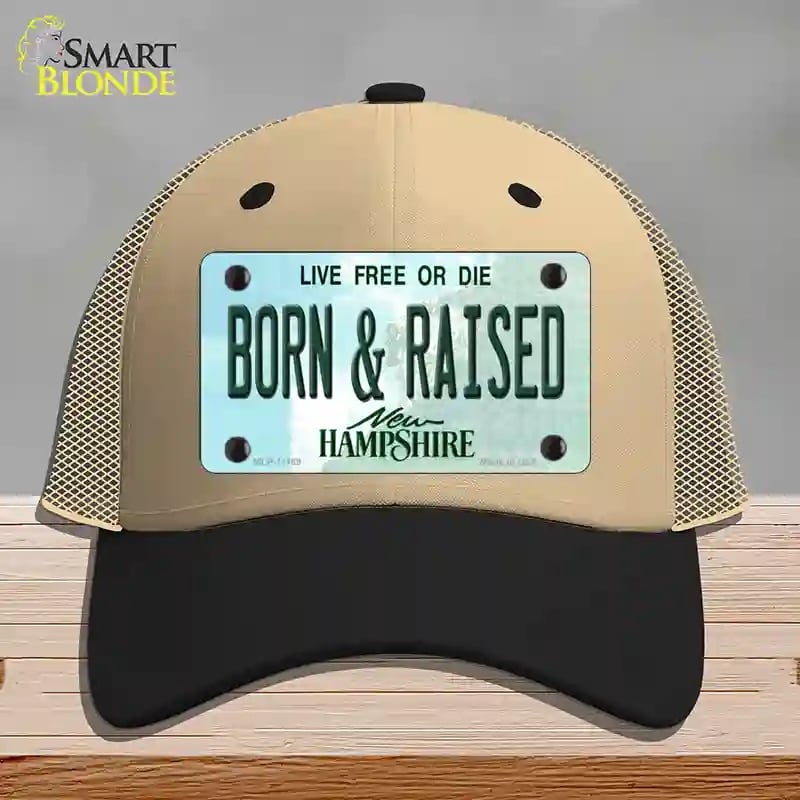 HAT02-MLP-11169 Born & Raised   Hampshire State Novelty License Plate Hat, Mesh - Khaki & Black