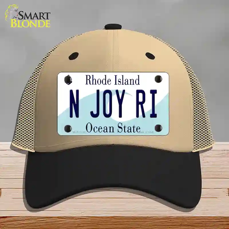 HAT02-MLP-11181 N Joy RI Rhode Island State Novelty License Plate Hat, Mesh - Khaki & Black