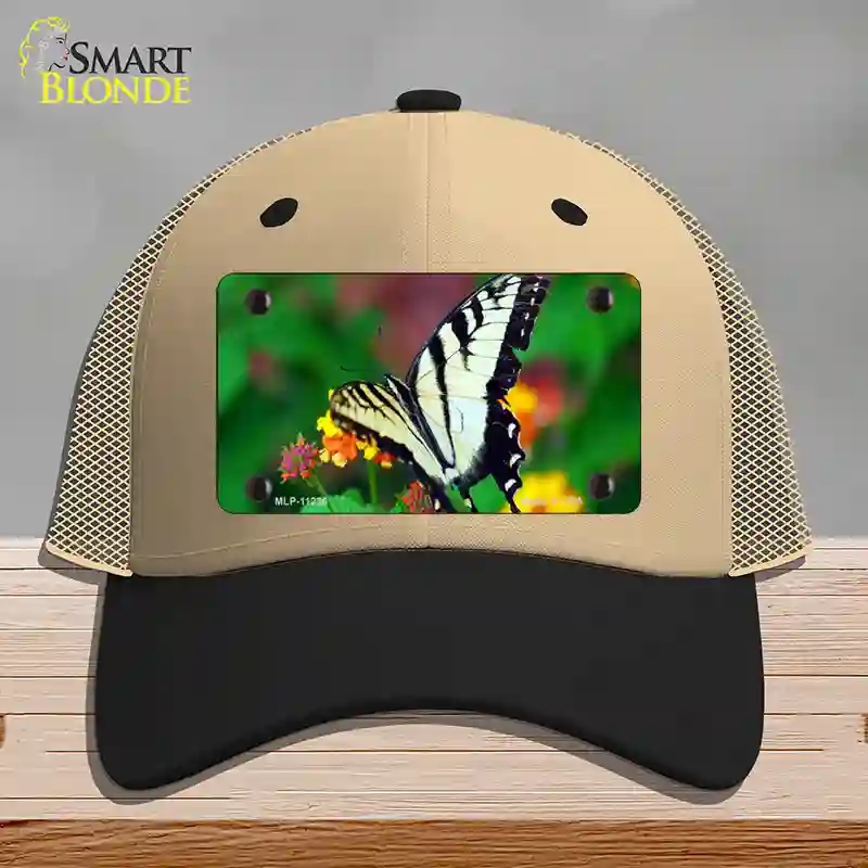 HAT02-MLP-11236 Butterfly Black & White Novelty License Plate Hat, Mesh - Khaki & Black