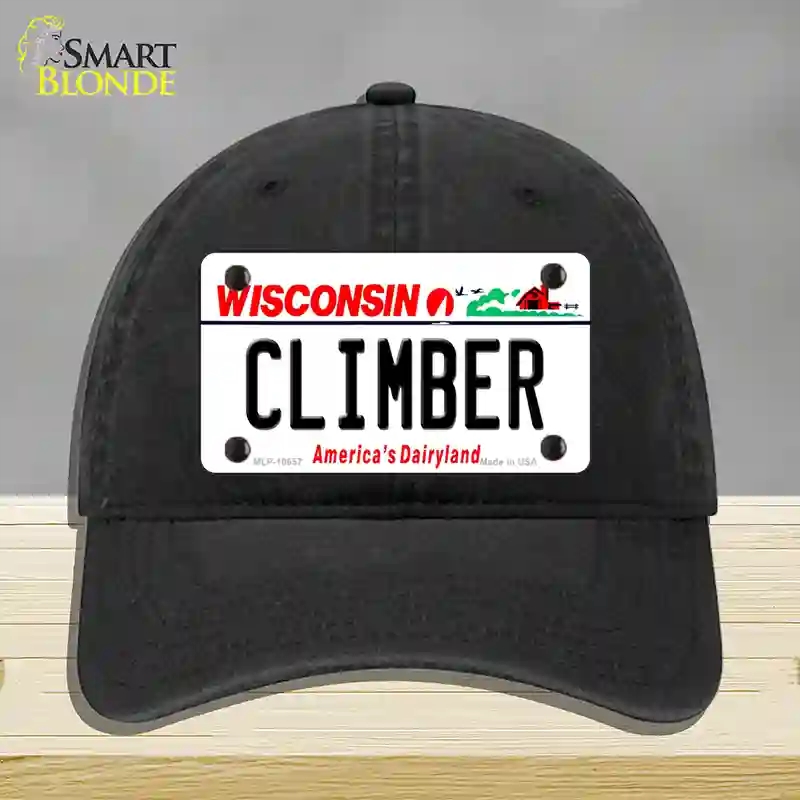 HAT07-MLP-10657 Climber Wisconsin Novelty License Plate Hat, Unconstructed Cotton - Black
