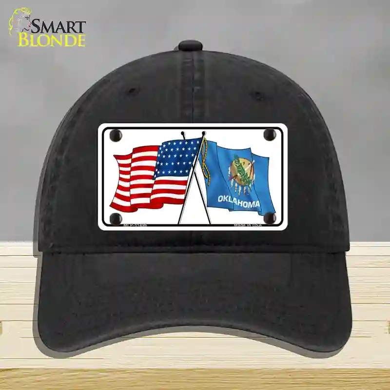 HAT07-MLP-11496 Oklahoma Crossed US Flag Novelty License Plate Hat, Unconstructed Cotton - Black