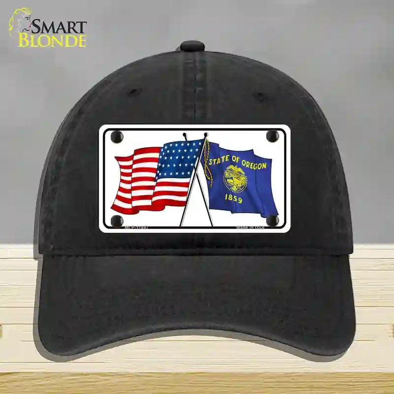 HAT07-MLP-11497 Oregon Crossed US Flag Novelty License Plate Hat, Unconstructed Cotton - Black