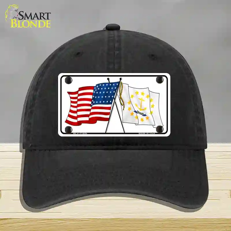HAT07-MLP-11499 Rhode Island Crossed US Flag Novelty License Plate Hat, Unconstructed Cotton - Black