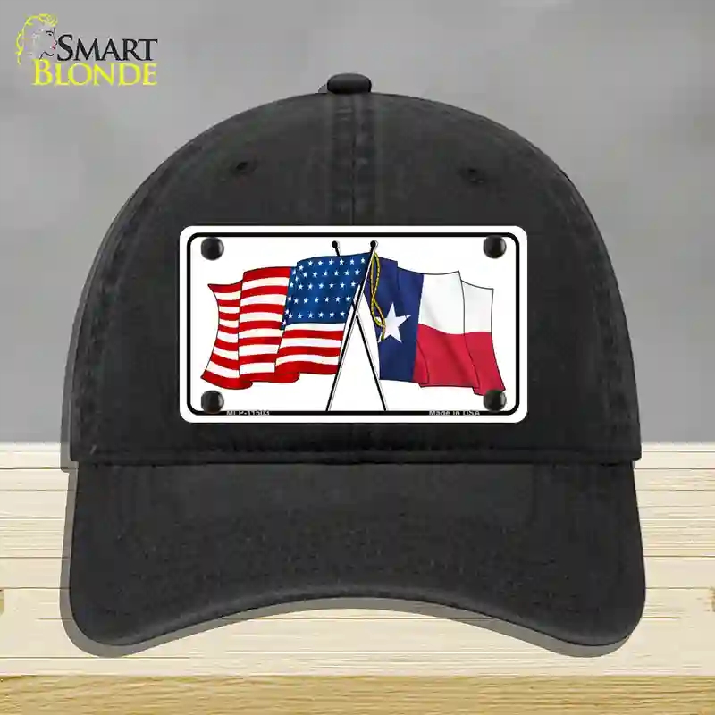 HAT07-MLP-11503 Texas Crossed US Flag Novelty License Plate Hat, Unconstructed Cotton - Black