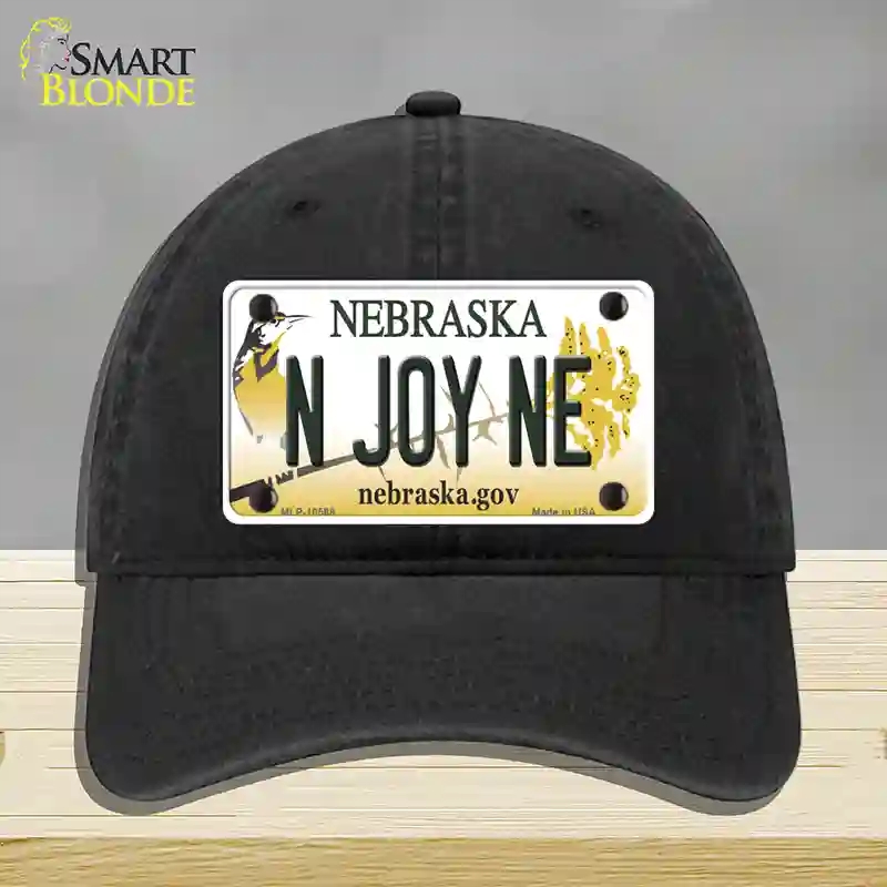 HAT07-MLP-10568 N Joy NE Nebraska Novelty License Plate Hat, Unconstructed Cotton - Black