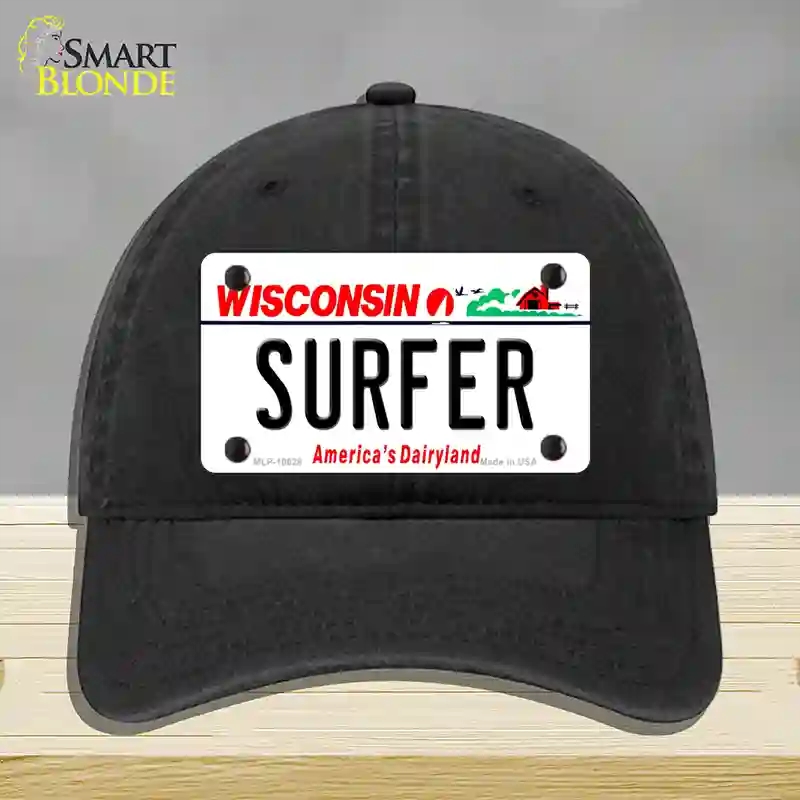 HAT07-MLP-10628 Surfer Wisconsin Novelty License Plate Hat, Unconstructed Cotton - Black
