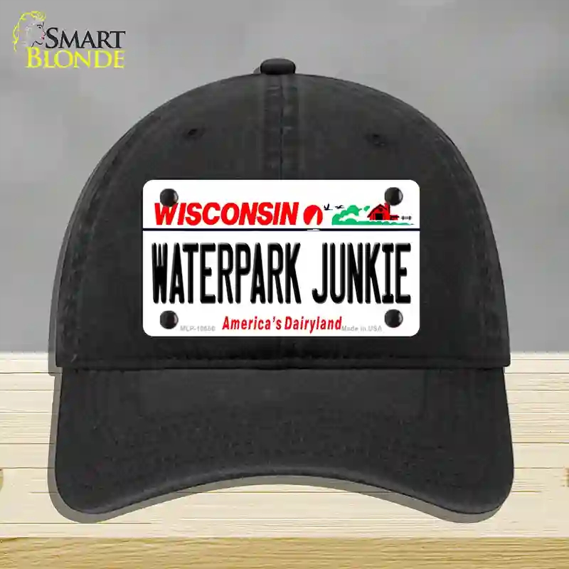 HAT07-MLP-10656 Waterpark Junkie Wisconsin Novelty License Plate Hat, Unconstructed Cotton - Black