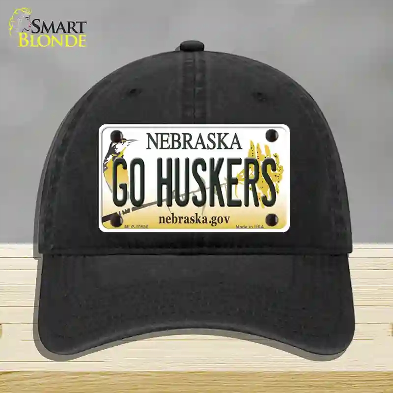 HAT07-MLP-10580 Go Huskers Nebraska Novelty License Plate Hat, Unconstructed Cotton - Black