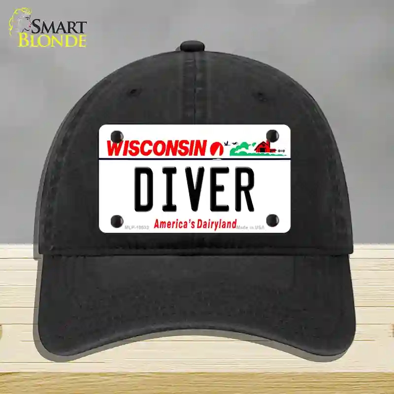 HAT07-MLP-10633 Diver Wisconsin Novelty License Plate Hat, Unconstructed Cotton - Black