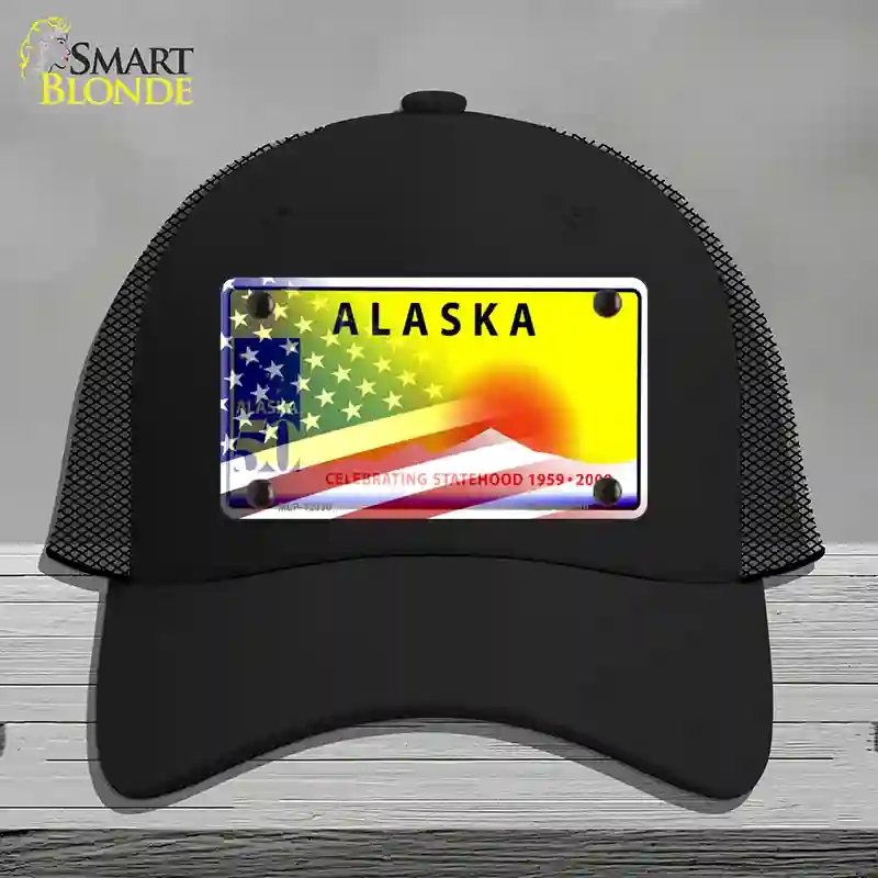 HAT01-MLP-12330 Alaska with American Flag Novelty License Plate Hat, Mesh - Black