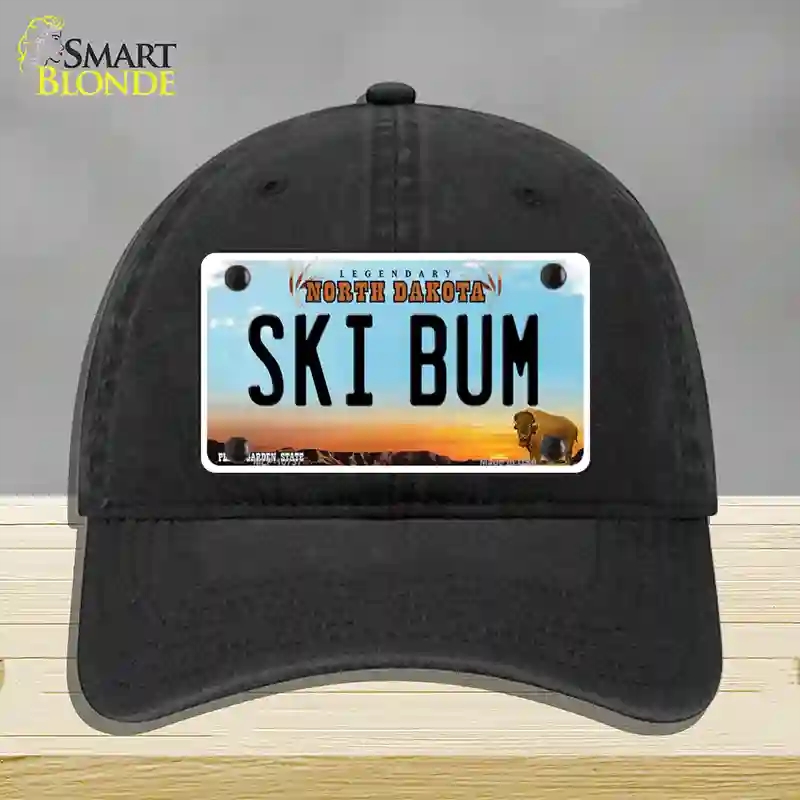 HAT07-MLP-10737 Ski Bum North Dakota Novelty License Plate Hat, Unconstructed Cotton - Black