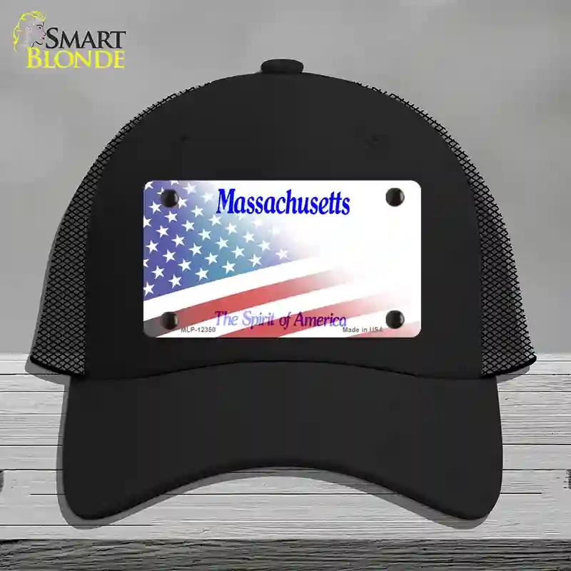HAT01-MLP-12350 Massachusetts with American Flag Novelty License Plate Hat, Mesh - Black