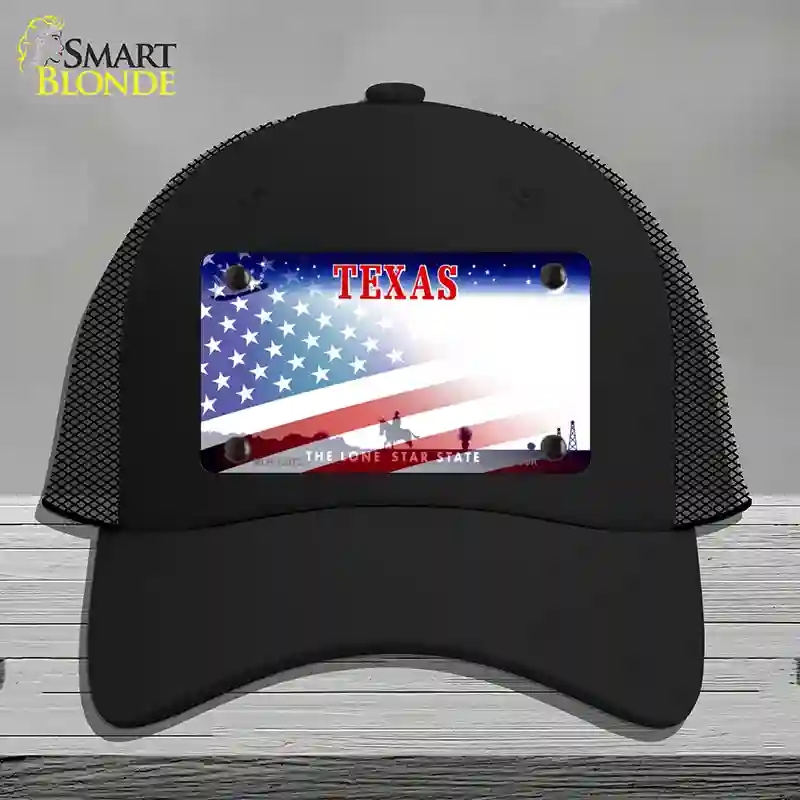 HAT01-MLP-12372 Texas with American Flag Novelty License Plate Hat, Mesh - Black