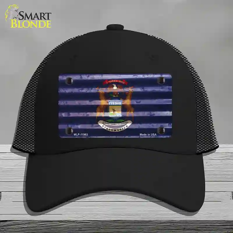 HAT01-MLP-11963 Michigan Corrugated Flag Novelty License Plate Hat, Mesh - Black