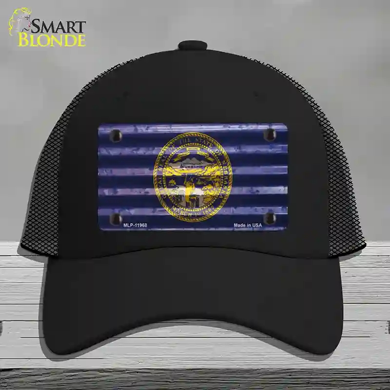 HAT01-MLP-11968 Nebraska Corrugated Flag Novelty License Plate Hat, Mesh - Black