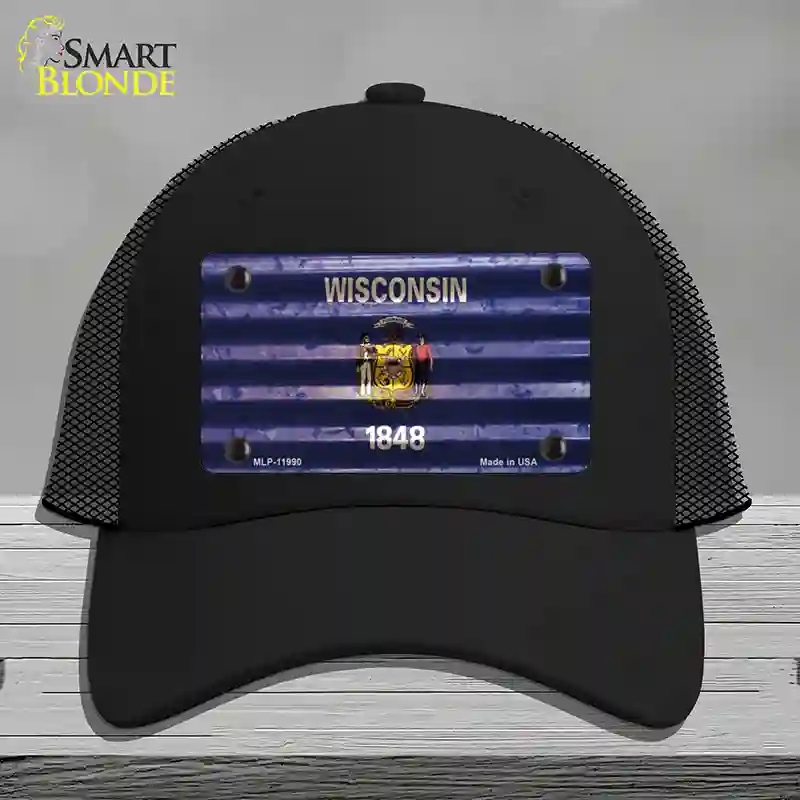 HAT01-MLP-11990 Wisconsin Corrugated Flag Novelty License Plate Hat, Mesh - Black