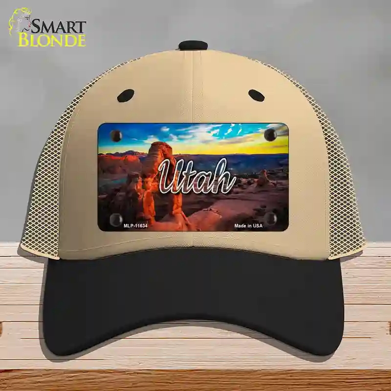 HAT02-MLP-11634 Utah Canyon Arch State Novelty License Plate Hat, Mesh - Khaki & Black