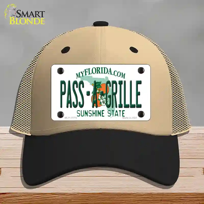 HAT02-MLP-11770 Pass a Grille Florida Novelty License Plate Hat, Mesh - Khaki & Black
