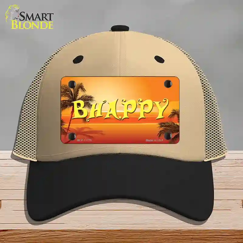 HAT02-MLP-11775 Be Happy Beach Scene Novelty License Plate Hat, Mesh - Khaki & Black