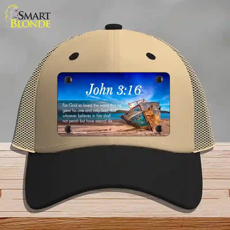 HAT02-MLP-11868 John 3 16 Beach Novelty License Plate Hat, Mesh - Khaki & Black