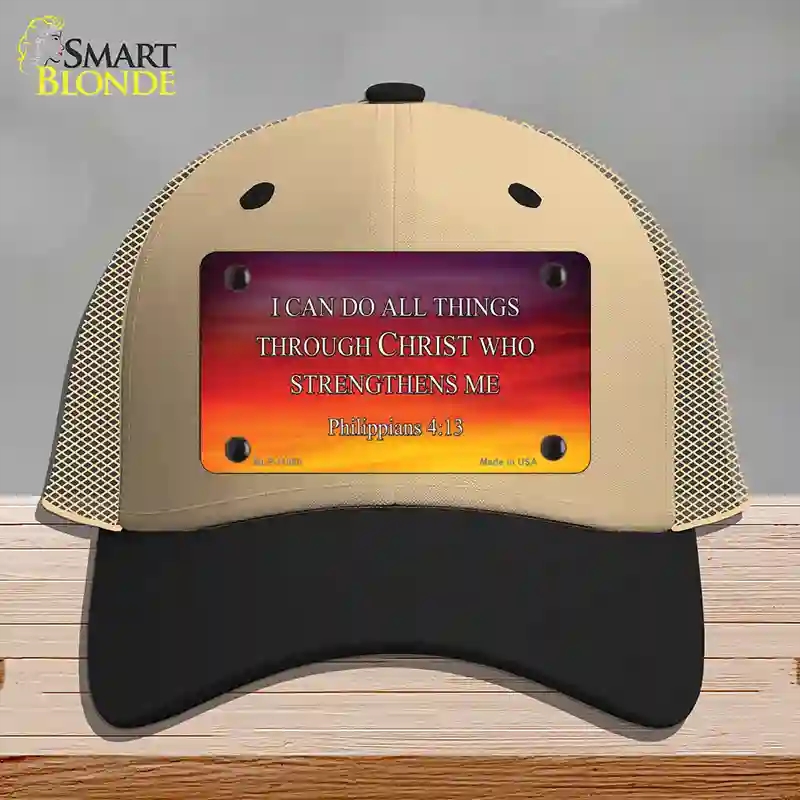 HAT02-MLP-11885 Philippians 4 13 Novelty License Plate Hat, Mesh - Khaki & Black