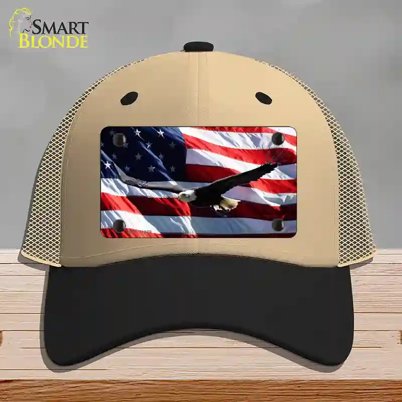 HAT02-MLP-11939 Soaring Eagle Flag Novelty License Plate Hat, Mesh - Khaki & Black