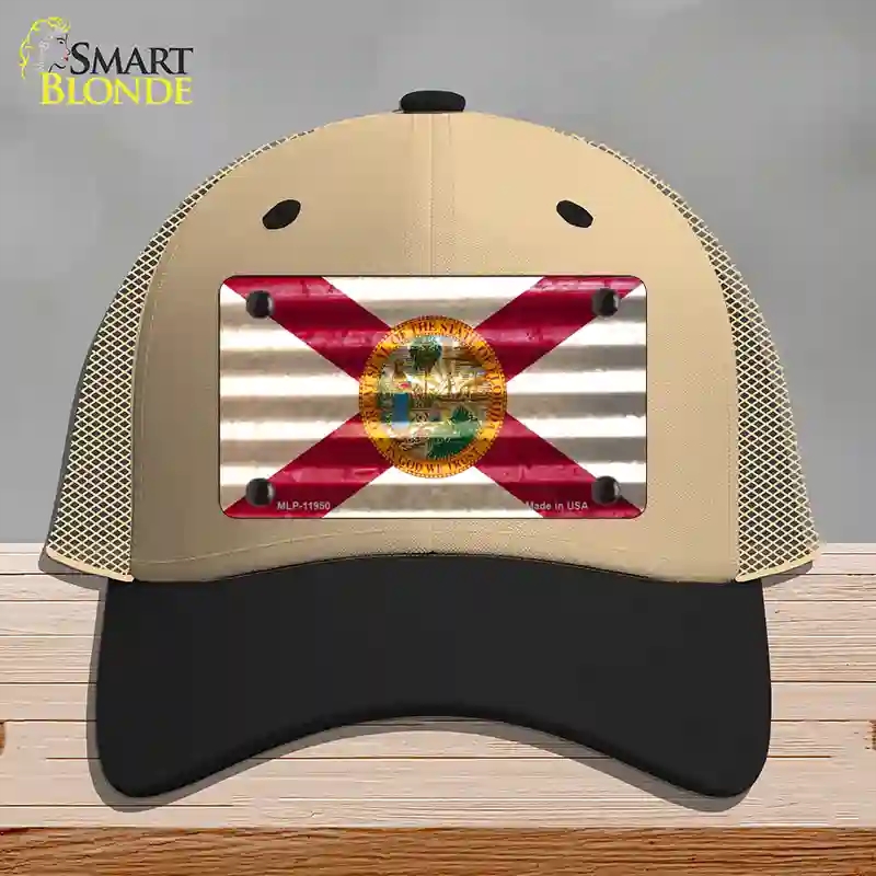 HAT02-MLP-11950 Florida Corrugated Flag Novelty License Plate Hat, Mesh - Khaki & Black