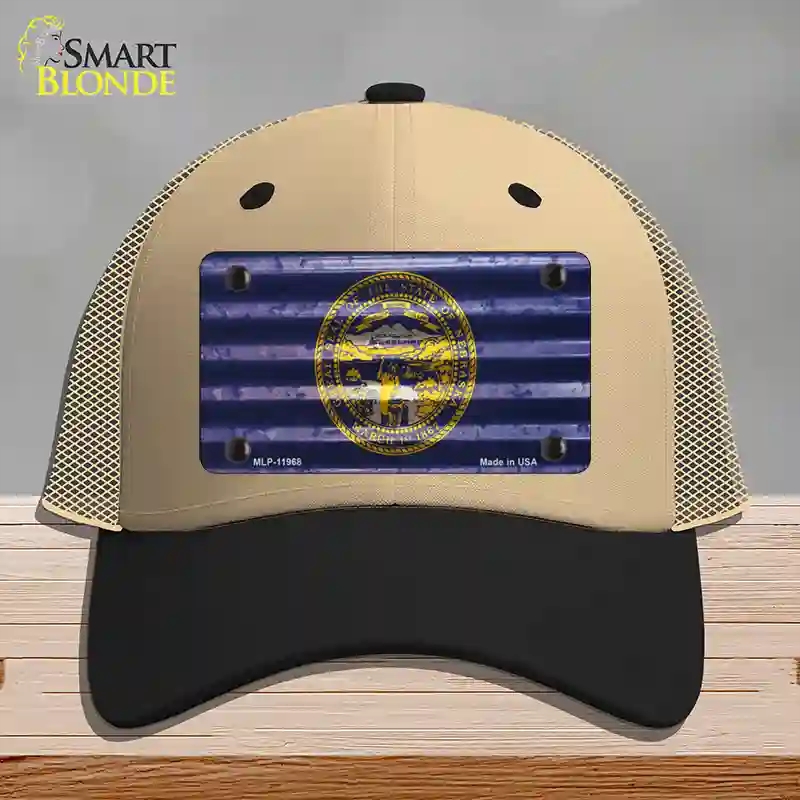 HAT02-MLP-11968 Nebraska Corrugated Flag Novelty License Plate Hat, Mesh - Khaki & Black